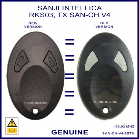 Image shows the new TX SAN CH-V4 remote on the left and the older grey button version on the right