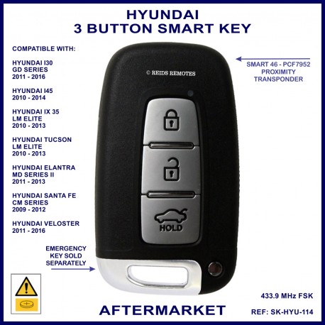 Hyundai I30 IX35 Elantra Veloster 3 button smart proximity remote key