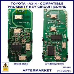 Image shows the front of a genuine A314 PCB on the left and the front of this aftermarket PCB on the right