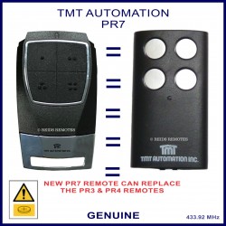 Image shows the new TMT Automation PR7 remote on the left and the older PR3 remote that it can replace on the right