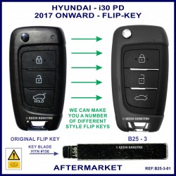 Image shows the aftermarket B25-3 flip key on the right and an original I30 PD key on the left