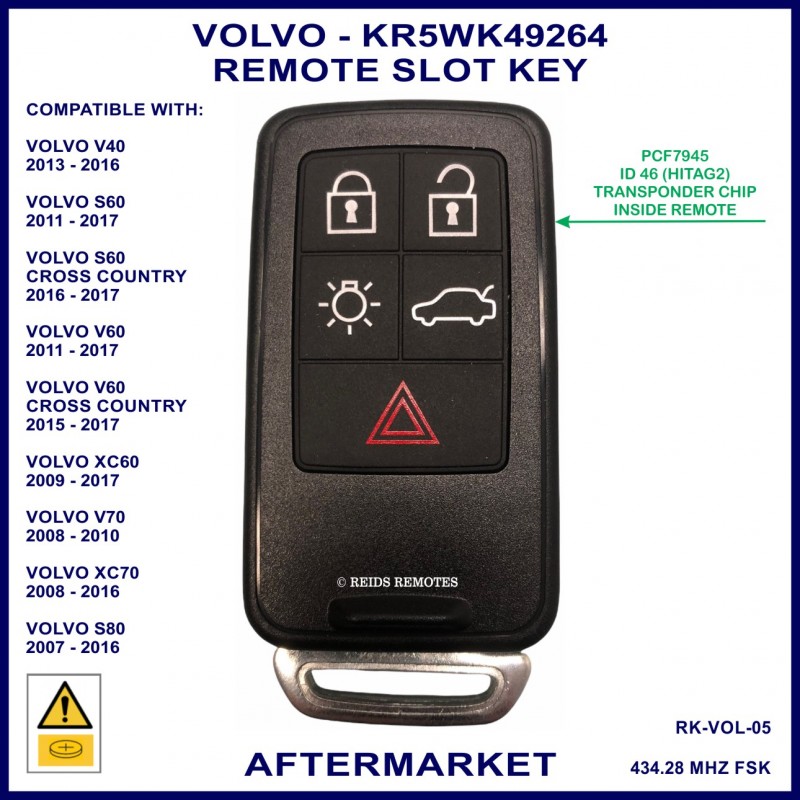 Volvo V40 S60 V60 XC60 V70 XC70 S80 5 Button 5WK49264 Remote Slot Key