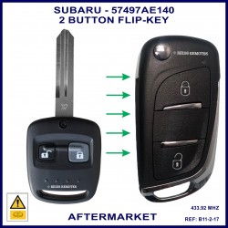Image shows the genuine Subaru 57497AE140 key on the left and the aftermarket flip key on the right