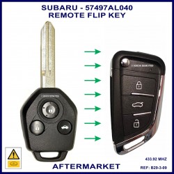 Image shows a genuine Subaru 57497AL040 remote key on the left and this B29-3-09 aftermarket flip key on the right 