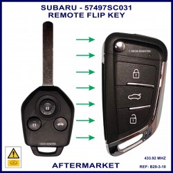 Image shows a genuine Subaru 57497SC031 remote key on the left and this B29-3-10 aftermarket flip key on the right