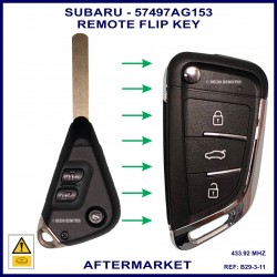Image shows a genuine Subaru 57497AG153 remote key on the left and this B29-3-11 aftermarket flip key on the right