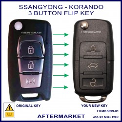 Image shows and original Ssangyong Korando flip key on the left and the aftermarket flip key you will receive on the right