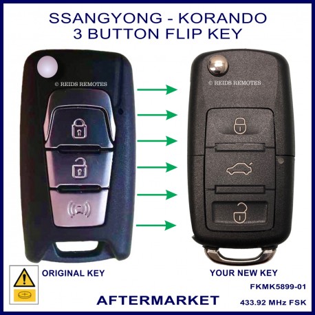 Image shows and original Ssangyong Korando flip key on the left and the aftermarket flip key you will receive on the right