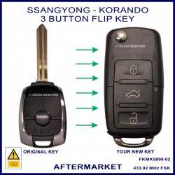 Image shows an original Ssangyong chrome & black remote key on the left and this aftermarket flip key on the right