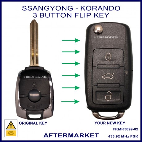 Image shows an original Ssangyong chrome & black remote key on the left and this aftermarket flip key on the right