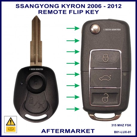 Image shows a genuine SsangYong Kyron key on the left and this aftermarket flip key on the right