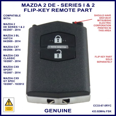 Mazda 2 DE Series 1 & 2 - genuine 2 button flip key remote part