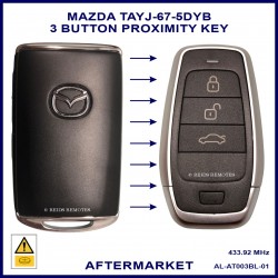 Image shows an original Mazda 3 button proximity key on the left and the aftermarket key you receive on the right