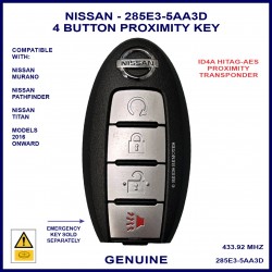 Nissan Murano, Pathfinder & Titan - 4 button 285E3-5AA3D smart proximity key genuine S180144313