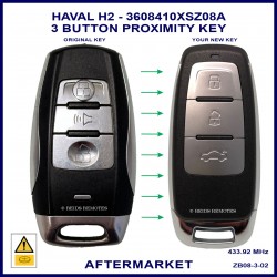 Image shows the front of a genuine Haval H2 key on the left and this aftermarket key on the right