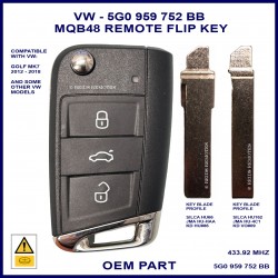 Image shows the OEM 5G0 959 752 BB VW flip remote and both blades which may be used with it