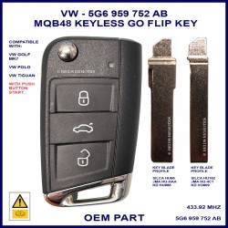 VW Golf & Polo 5G6 959 752 AB OEM keyless go flip key