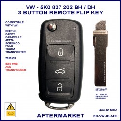 VW 2016 on 5K0837202BH or 5K0837202DH AES 3 button remote flip key