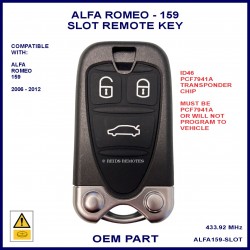 Alfa Romeo 159 2007 - 2012 OEM remote slot key PCF7941A transponder chip