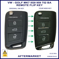 Image shows a genuine VW 5G0 959 752 BA flip key on the left and this aftermarket flip key you get on the right