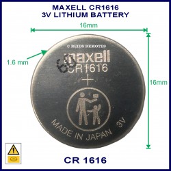 Maxell CR1616 3V Lithium battery for use in remote control