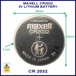 Maxell CR2032 3V Lithium battery for use in remote control