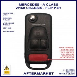 Mercedes A Class W168 1997 - 2005 models replacement remote flip key