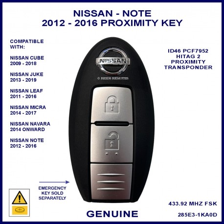 Nissan Note 2nd gen 2012 - 2016 2 button smart key genuine TWB1G662
