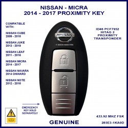 Nissan Micra K13 4th gen 2014 - 2017 2 button smart key genuine TWB1G662