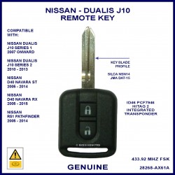 Nissan Dualis J10E series 1 & 2 2007 - 2013 2 button fixed blade remote key genuine