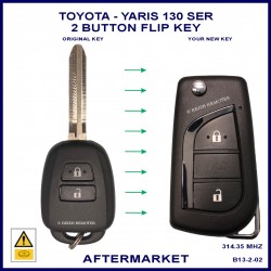 Image shows the front of a genuine Toyota 89070-52D10 key on the left and the aftermarket flip key on the right