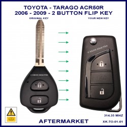 Image shows the front of a genuine Toyota 89070-26300 remote key on the left and the aftermarket flip key on the right