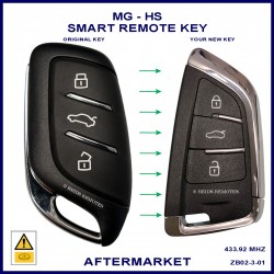 Image shows the front of a genuine MG key on the left and the front of this aftermarket proximity key on the right