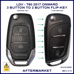 Image shows a genuine LDV T60 flip key on the left and this aftermarket flip key on the right