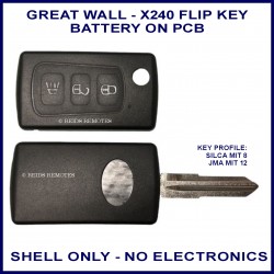 Great Wall X240 3 button flip key shell only where battery is fitted to the remote PCB