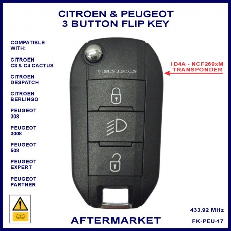 Citroen Berlingo C3 C4 Cactus & Despatch 3 button ID4A flip key with light button