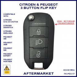 Peugeot 308 508 3008 Expert & Partner 3 button 3 button ID4A flip key with light button