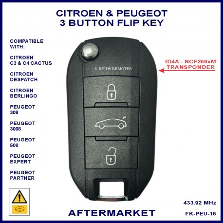 Peugeot 308 508 3008 Expert & Partner 3 button ID4A flip key with boot button