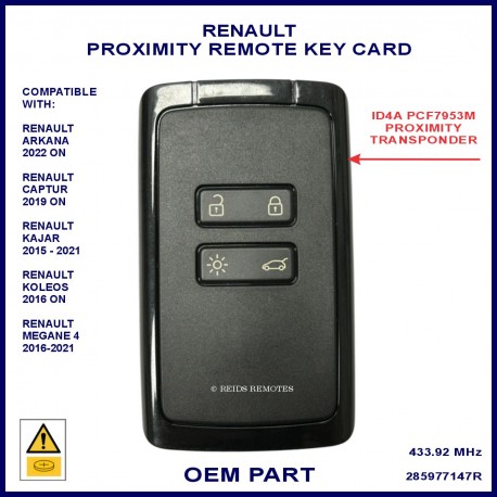 Renault Arkana Captur Koleos Kajar & Megane 4 OEM smart key card