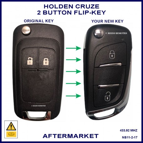 Image shows an original Holden Cruze key on the left and the key you will get on the right