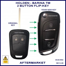 Image shows a genuine Holden Barina fixed blade key on the left and this aftermarket flip key on the right
