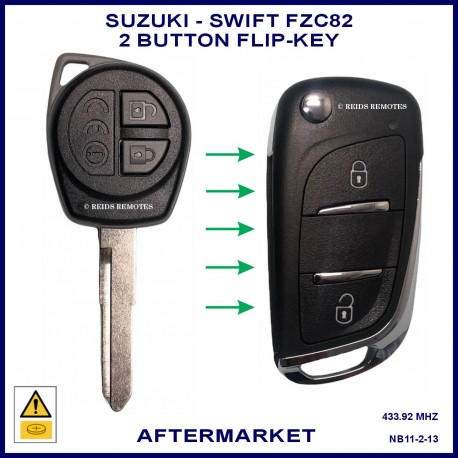 Image shows an original Suzuki Swift remote key on the left and this aftermarket flip key on the right