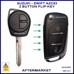 Image shows an original Suzuki Swift remote key on the left and this aftermarket flip key on the right