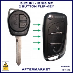 Image shows an original Suzuki Ignis remote key on the left and this aftermarket flip key on the right