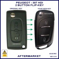 Image shows an original Peugeot 307 flip key on the left and this aftermarket flip key on the right