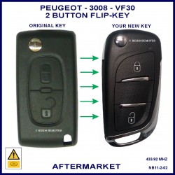 Image shows an original Peugeot 3008 VF30 series flip key on the left and this aftermarket flip key on the right