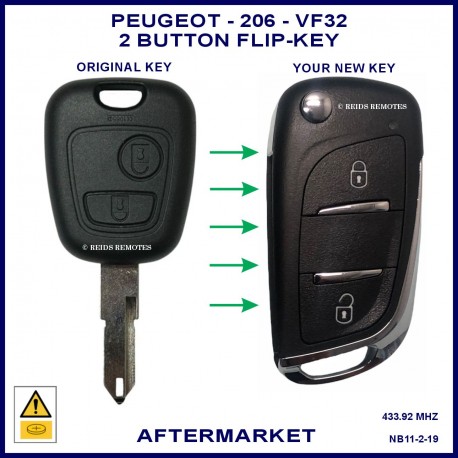 Image shows an original Peugeot 206 remote key on the left and this aftermarket flip key on the right