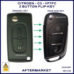 Image shows an original Citroen C3 flip key on the left and this aftermarket flip key on the right