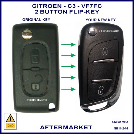Image shows an original Citroen C3 flip key on the left and this aftermarket flip key on the right