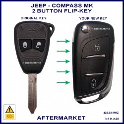 Image shows an original Jeep Compass remote key on the left and this aftermarket flip key on the right